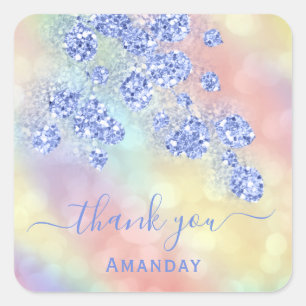 Sticker Carré Merci Nom  Holographique Floral Paillettes Bleu Po
