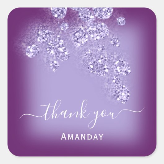 Sticker Carré Merci Nom Paillettes Mariage Douce 16ème Violet Am (Devant)