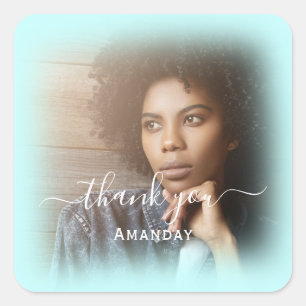 Sticker Carré Merci Nom Photo Aqua Bleu Mariage Douzième