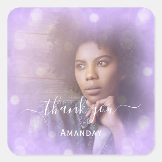 Sticker Carré Merci Nom Photo Mariage Violet Douce16 (Devant)