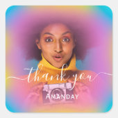 Sticker Carré Merci Photo Bleu Rose Holographique Faveur d'anniv (Devant)