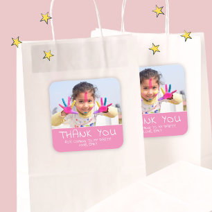 Sticker Carré Merci photo d'anniversaire fille rose mignonne