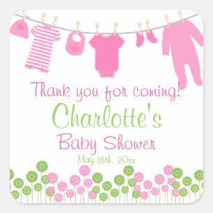 Sticker Carré Merci pour venir ! Baby shower rose de corde à