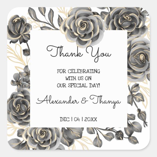 Sticker Carré Merci pour venir Noir Rose mariage Faveur (Devant)