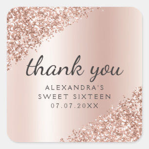 Sticker Carré Merci Rose Parties scintillant or Girly Sweet 16