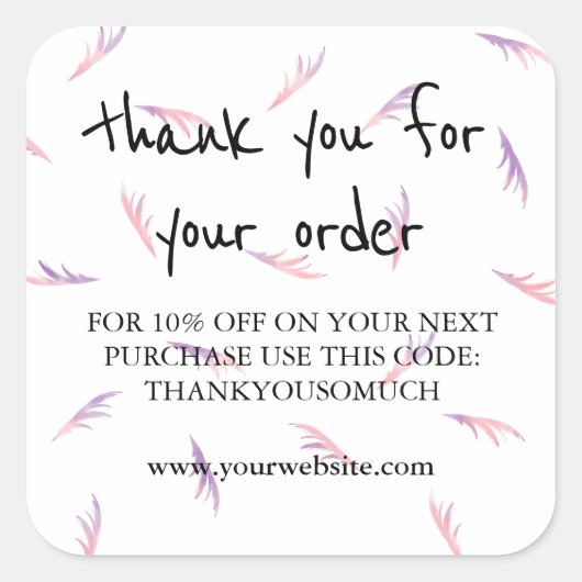 Sticker Carré Merci Rose Violet En Plumes Pour Commande (Devant)