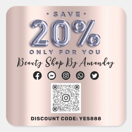 Sticker Carré Merci Shopping 20%Off QR CODE Rose Lilac (Devant)