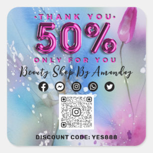 Sticker Carré Merci Shopping 50%Off QR CODE Logo Pink Tulp