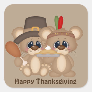 Sticker Carré Merci Thanksgiving souris pèlergrim Indien