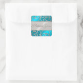 Sticker Carré Merci Turquoise Blue Silver Filigree Swirls (Sac)
