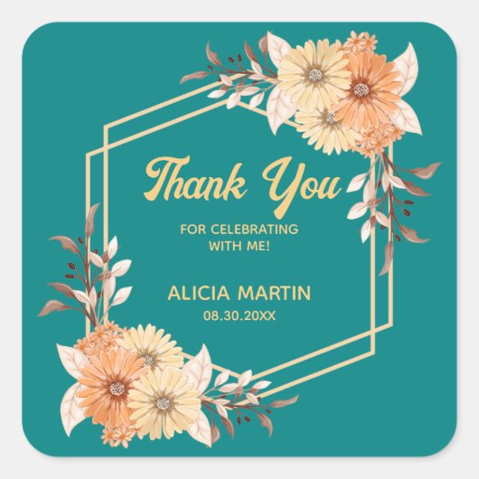 Sticker Carré Merci Turquoise d'or à fleurs orange automne (Devant)