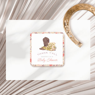 Sticker Carré Merci Y'all Cowboy Boot & Bouquet Baby shower