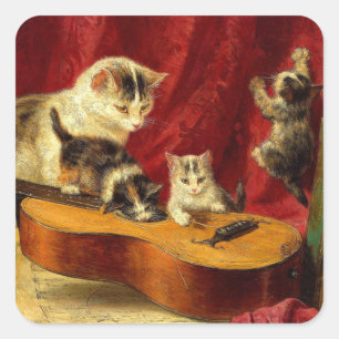 Sticker Carré Mère Chat et chatons Jouer avec la guitare