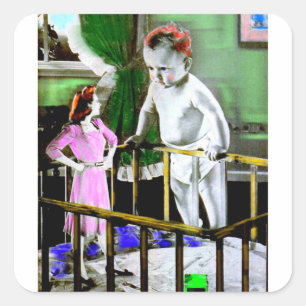 Sticker Carré Mère des années 1940 et son bébé géant