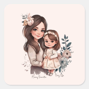 Sticker Carré Mère et fille adorable personnalisée (3)