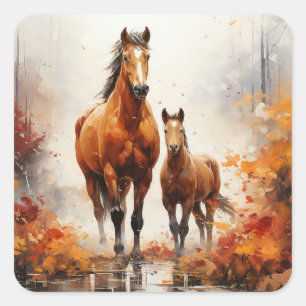 Sticker Carré Mère Horse et poulain dans les feuilles d'automne