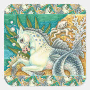 STICKER CARRÉ MERHORSE & OCTOPUS BLANC, CHEVAL UNICORN IMAGINAIR