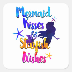 Sticker Carré Mermaid Kisses & Starfish Wives Aquarelle plage