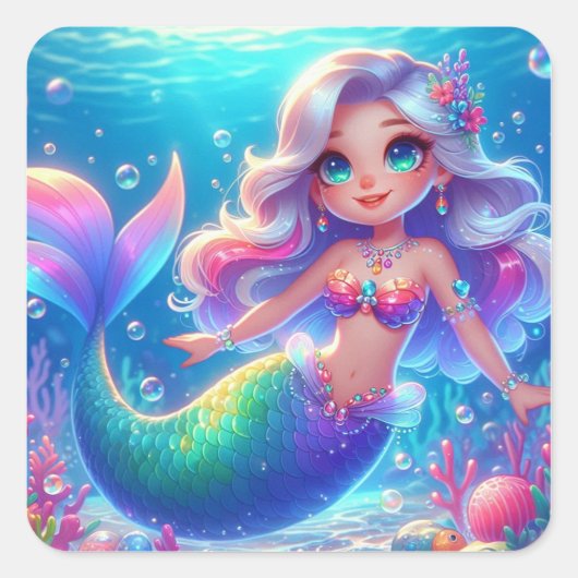 Sticker Carré Mermaid, princesse sous-marine magique (Devant)