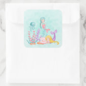 Sticker Carré Mermaids et méduses sous les cliques d'aquarelle d (Sac)