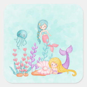 Sticker Carré Mermaids et méduses sous les cliques d'aquarelle d