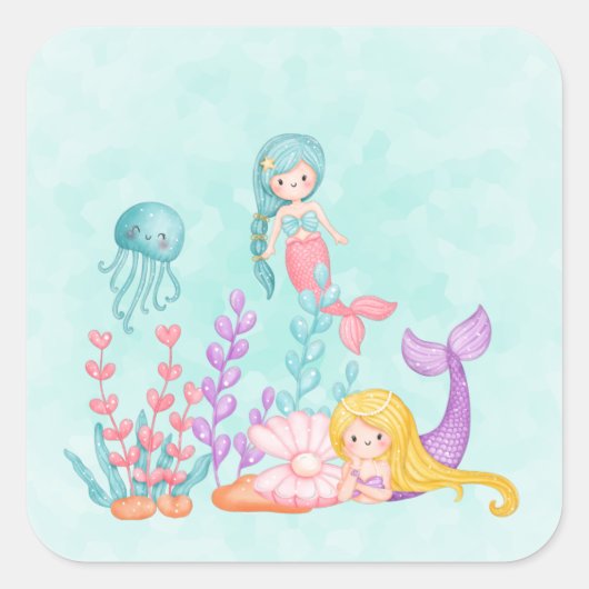 Sticker Carré Mermaids et méduses sous les cliques d'aquarelle d (Devant)