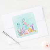 Sticker Carré Mermaids et méduses sous les cliques d'aquarelle d (Enveloppe)