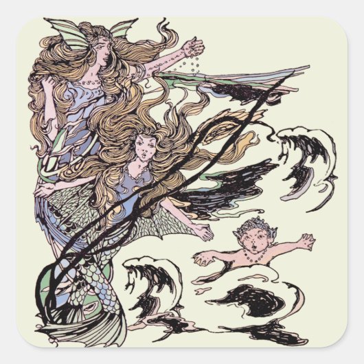 Sticker Carré Mermaids Vintage Victorian Illustration (Devant)