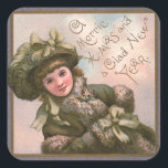 Sticker Carré " Merrie Christmas" Vintage<br><div class="desc">Belle image vintage de Noël d'une jeune fille habillée en vert et enfermée dans un cadre assorti. Le message est "Merrie Christmas and a Glad New Year".</div>
