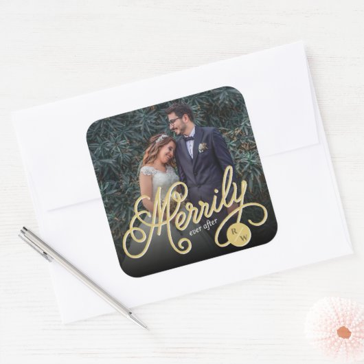 Sticker Carré Merrily Jamais après or Curly Script Mariage photo (Enveloppe)
