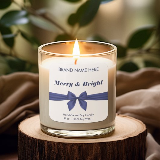 Sticker Carré Merry & Bright | Blue Bow Modern Candle Labels
