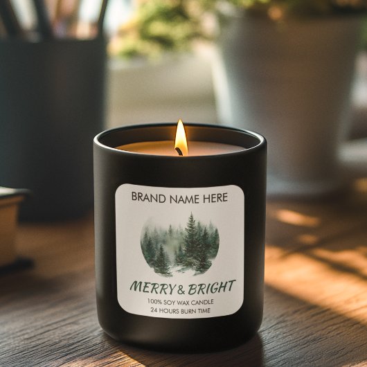Sticker Carré Merry & Bright Modern Pine Trees Candle Label