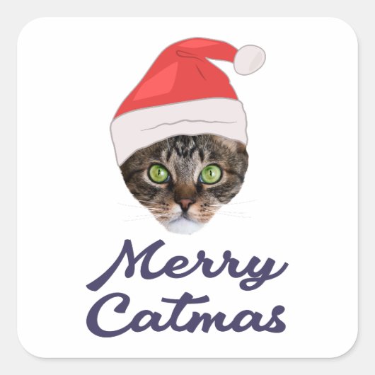 Sticker Carré Merry Catmas, Noël Chat Santa hat Invitation (Devant)
