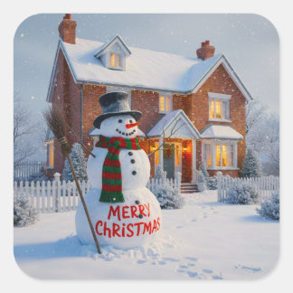 STICKER CARRÉ MERRY CHRISTMAS BIG SNOWMAN WINTER SCENE