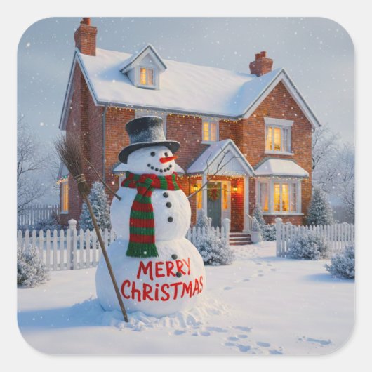 STICKER CARRÉ MERRY CHRISTMAS BIG SNOWMAN WINTER SCENE (Devant)