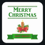 Sticker Carré Merry Christmas Candle (grn/rouge)<br><div class="desc">Bougie de Noël avec Joyeux Noël en vert écrit au-dessus de la bougie et bannière verte disant Joyeuses Fêtes en rouge ci-dessous.</div>