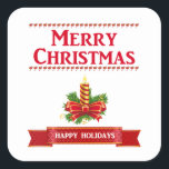 Sticker Carré Merry Christmas Candle (rouge/clr)<br><div class="desc">Christmas candle with Merry Christmas in red written above candle and red banner with Happy Holidays below.</div>