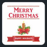 Sticker Carré Merry Christmas Candle (rouge/clr)<br><div class="desc">Christmas candle with Merry Christmas in red written above candle and red banner with Happy Holidays below.</div>