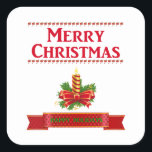 Sticker Carré Merry Christmas Candle (rouge/grn)<br><div class="desc">Christmas candle with Merry Christmas in red written above candle and red banner saying Happy Holidays in green below.</div>