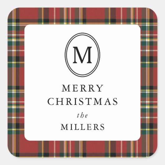 Sticker Carré Merry Christmas Classic Red Plaid Monogram (Devant)