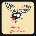 Sticker Carré Merry Christmas ! Crazy Red Nosed<br><div class="desc">Joyeux Noël! Un dessin original d'un renne noir et blanc de noël,  au nez rouge vif. Il se fraie un chemin à travers du papier d'emballage,  il a l'air fou et perplexe. Mignonne et drôle.</div>
