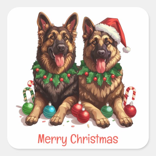 Sticker Carré Merry Christmas German Shepherd Dogs (Devant)