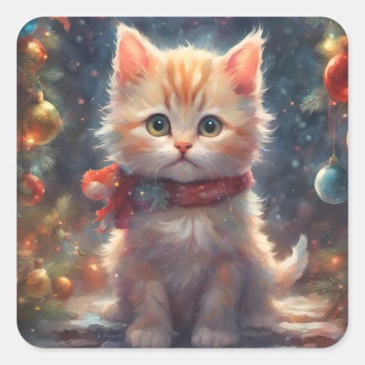 Sticker Carré Merry Christmas Kitty Chat, Vacances Kitty, Animal (Devant)