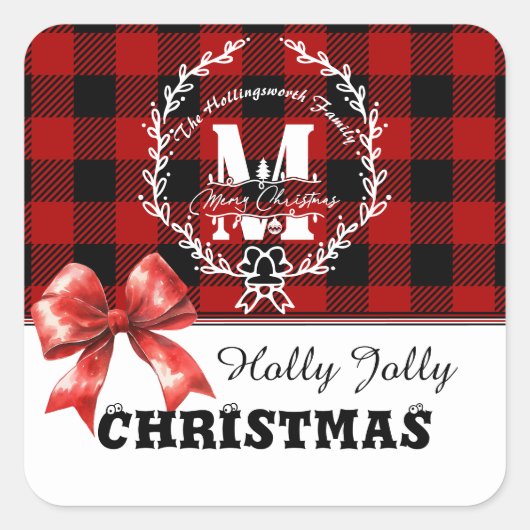 Sticker Carré Merry Christmas Monogram Wreath Buffalo Plaid (Devant)