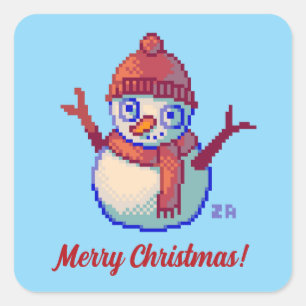 Sticker Carré Merry Christmas, Pixel Art, pixels, Snowman