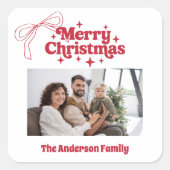 Sticker Carré Merry Christmas red hand-drawn bow retro photo (Devant)
