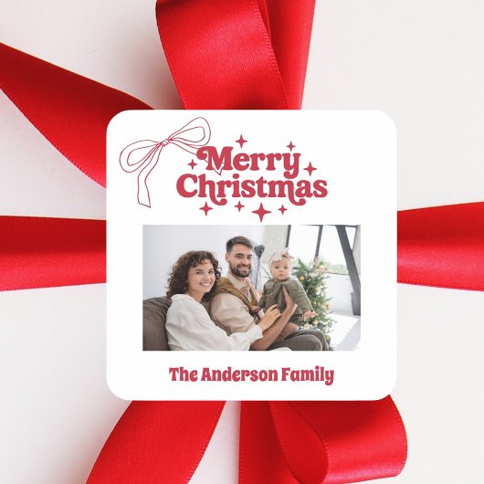 Sticker Carré Merry Christmas red hand-drawn bow retro photo