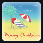 Sticker Carré Merry Christmas, Santa Hat, Palm Tree, Beach<br><div class="desc">Joyeux Noël avec Santa Hat,  Palm Tree,  Parapluie de plage et chaise Illustration par Inge Lewis. Trouvez d'autres articles correspondants dans le magasin ingeinc.com.</div>