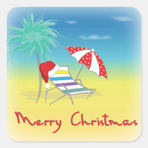 Sticker Carré Merry Christmas, Santa Hat, Palm Tree, Beach