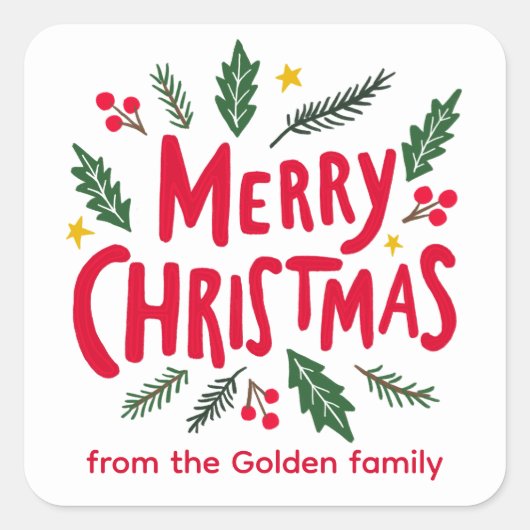 Sticker Carré MERRY NOËL MAIN-Tiré Fête Whimsical PERSONNALISÉ (Devant)
